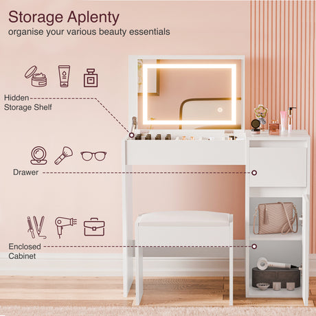 Makeup vanity with storage features and beauty products on a pink background