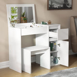 White vanity with mirror and open cabinet in a room setting