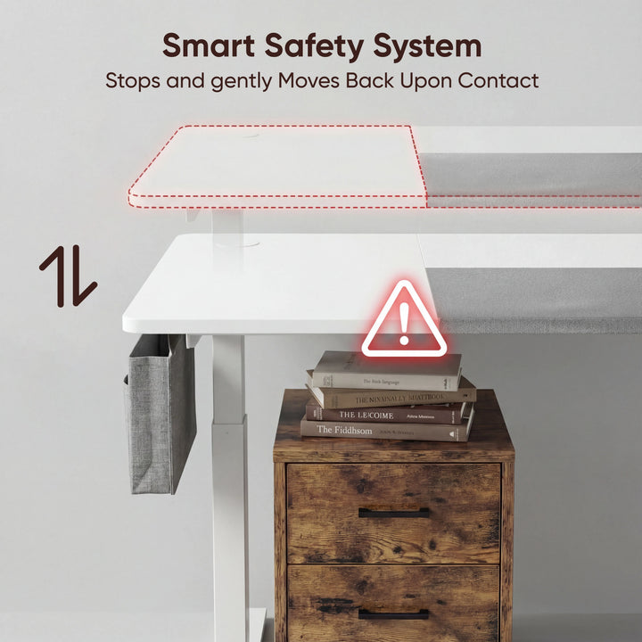 [120cm x 60cm] Safety view of 120x60cm white electric standing desk: red outline shows halt and reverse on contact