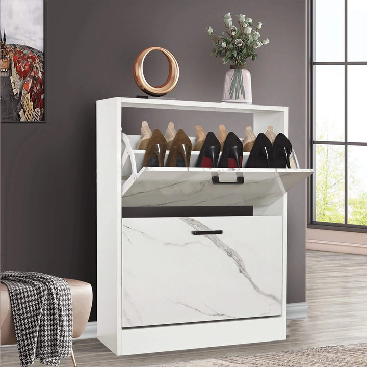 [White Marble] Slim shoe cabinet for hallway in white marble finish with pull-down drawer open and decorative accents placed on top.