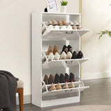 [White Marble] White marble-effect tall shoe cabinet with all drawers open displaying shoes. Slim shoe organizer for entryways or closets.