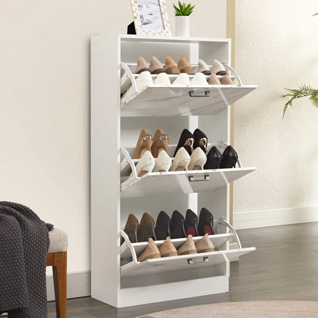[White Marble] White marble-effect tall shoe cabinet with all drawers open displaying shoes. Slim shoe organizer for entryways or closets.