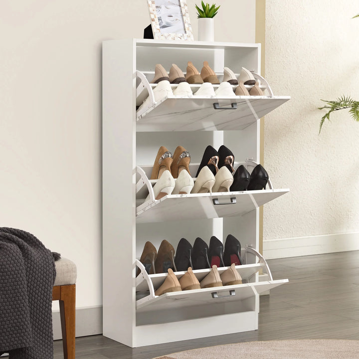 [White Marble] White marble-effect tall shoe cabinet with all drawers open displaying shoes. Slim shoe organizer for entryways or closets.