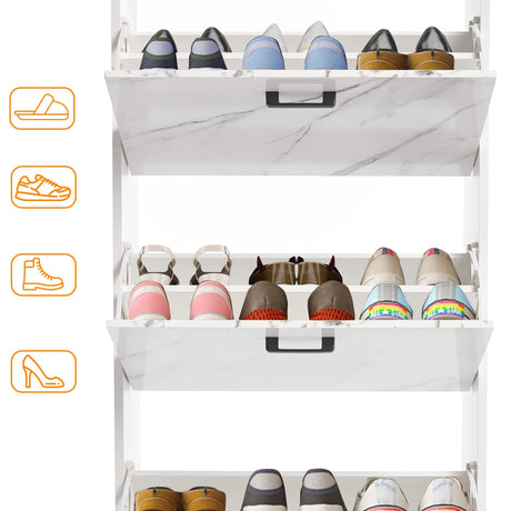 [White Marble] White marble 3 drawer slim shoe cabinet with flip drawers storing various shoes. Ideal tall shoe storage for narrow hallways.