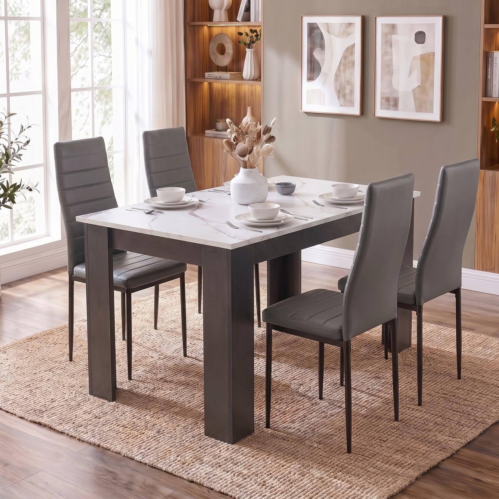 [4 Seater | Grey] White Marble 4 Seater Dining Table and Chairs Set styled beautifully in a sunlit dining area with matching grey chairs.