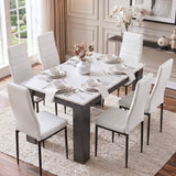[6 Seater | White] dining table and chairs set for six with marble top, grey legs and white PU seating