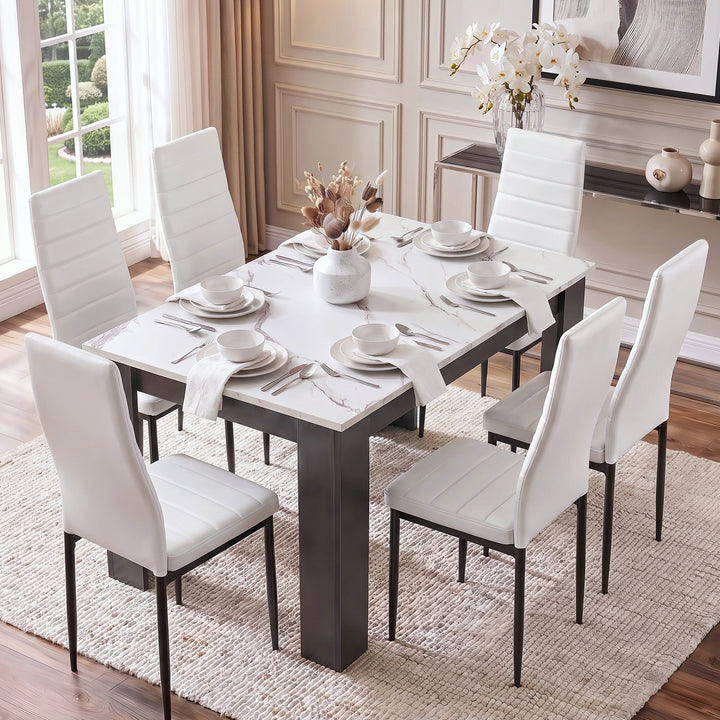 [6 Seater | White] dining table and chairs set for six with marble top, grey legs and white PU seating