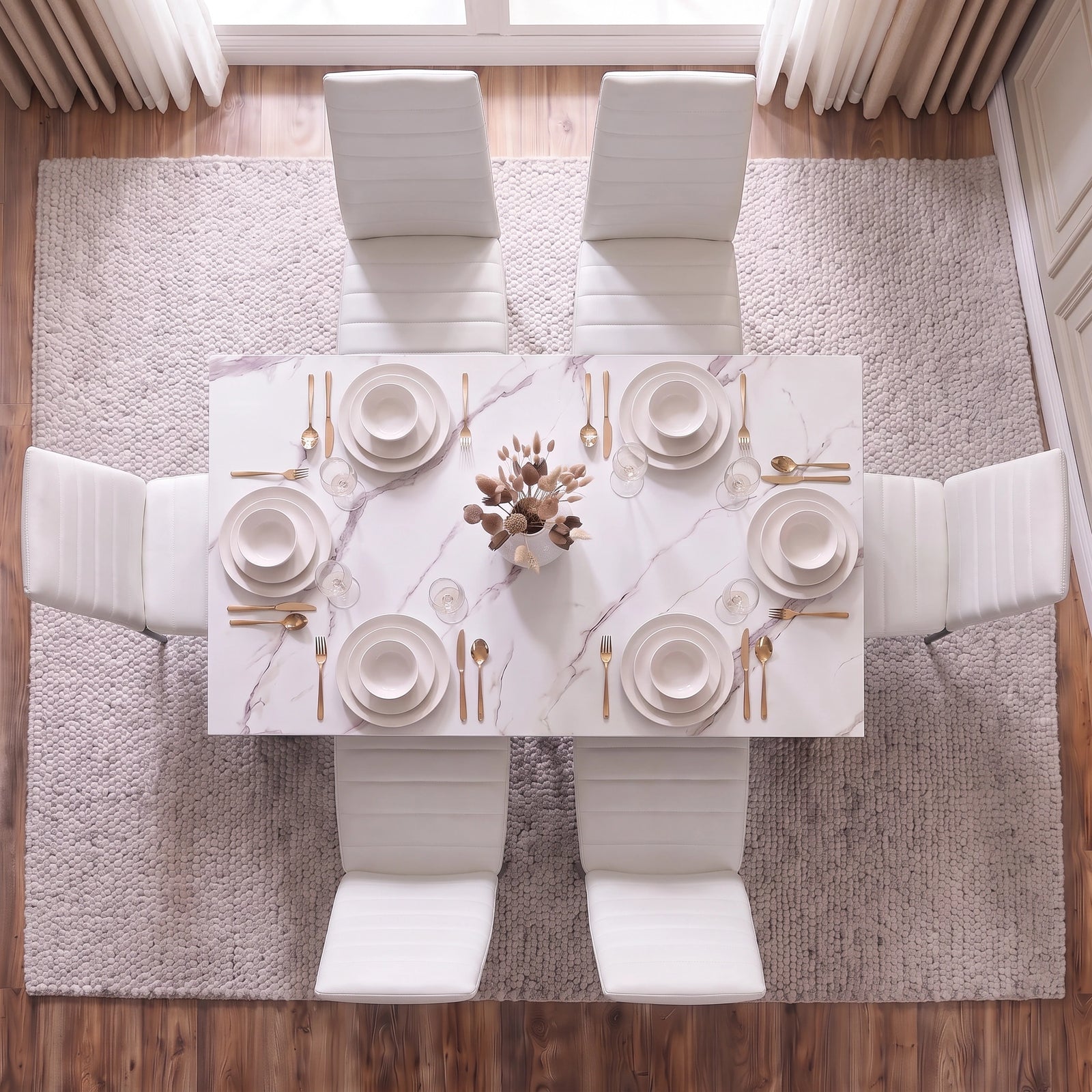 [6 Seater | White] top-down view of 6 seater dining table and chairs set with six white PU chairs