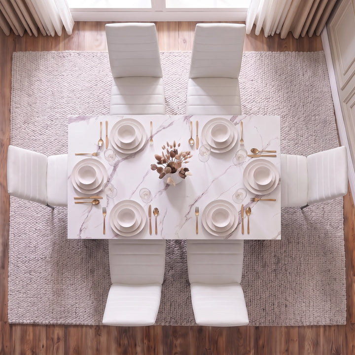 [6 Seater | White] top-down view of 6 seater dining table and chairs set with six white PU chairs