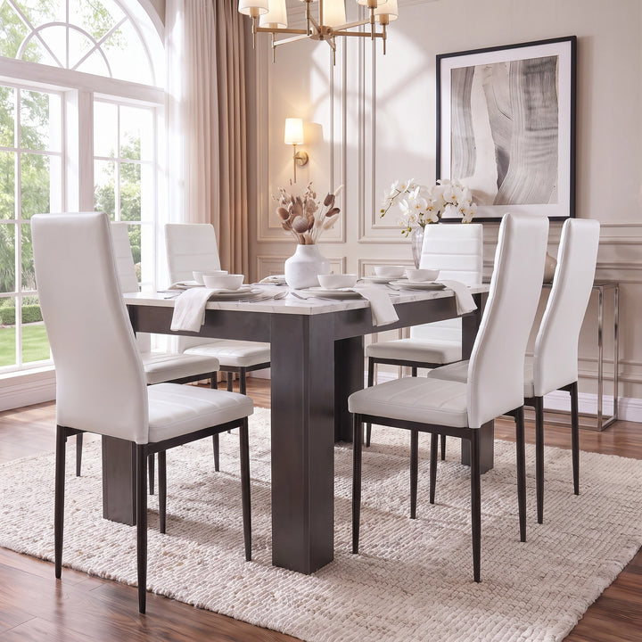 [6 Seater | White] dining table and chairs set placed on the rug in a bright lighting living room
