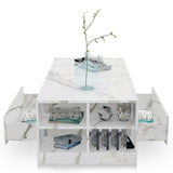 Elegant white marble coffee table with storage compartments and sleek modern design