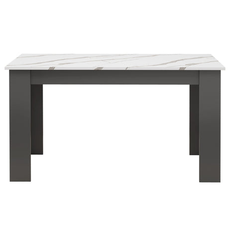 front-facing modern dining table with marble-effect surface and grey base with L shaped legs and 18mm engineered tabletop.
