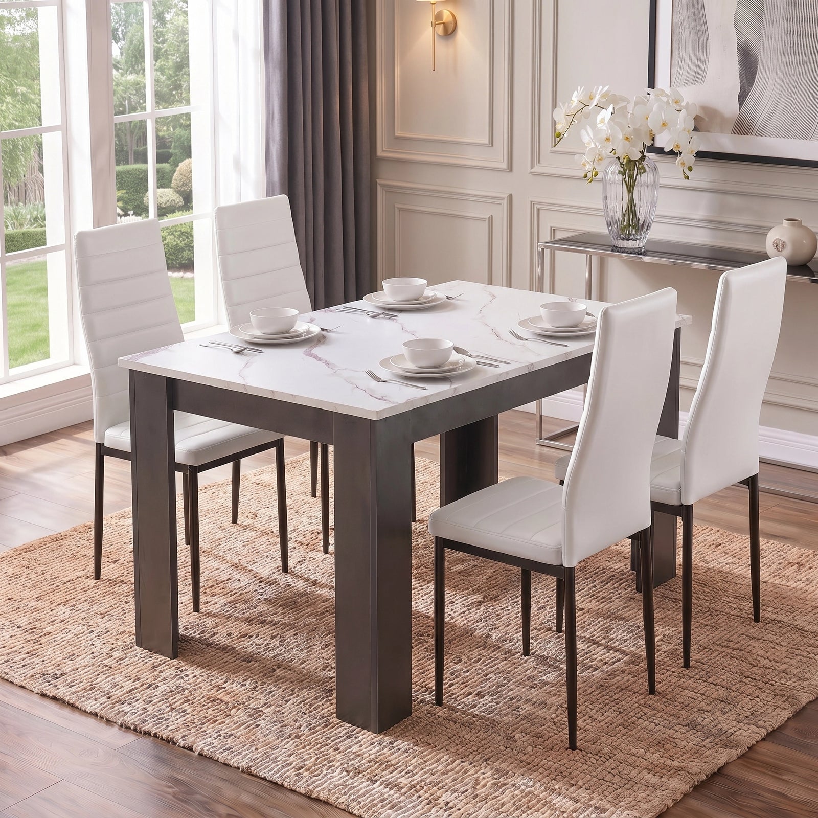 [4 Seater | White] white marble dining table with four white PU chairs under pendant lights, gallery wall