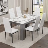[6 Seater | White] dining table and chairs set for six with marble top, grey legs and white PU seating