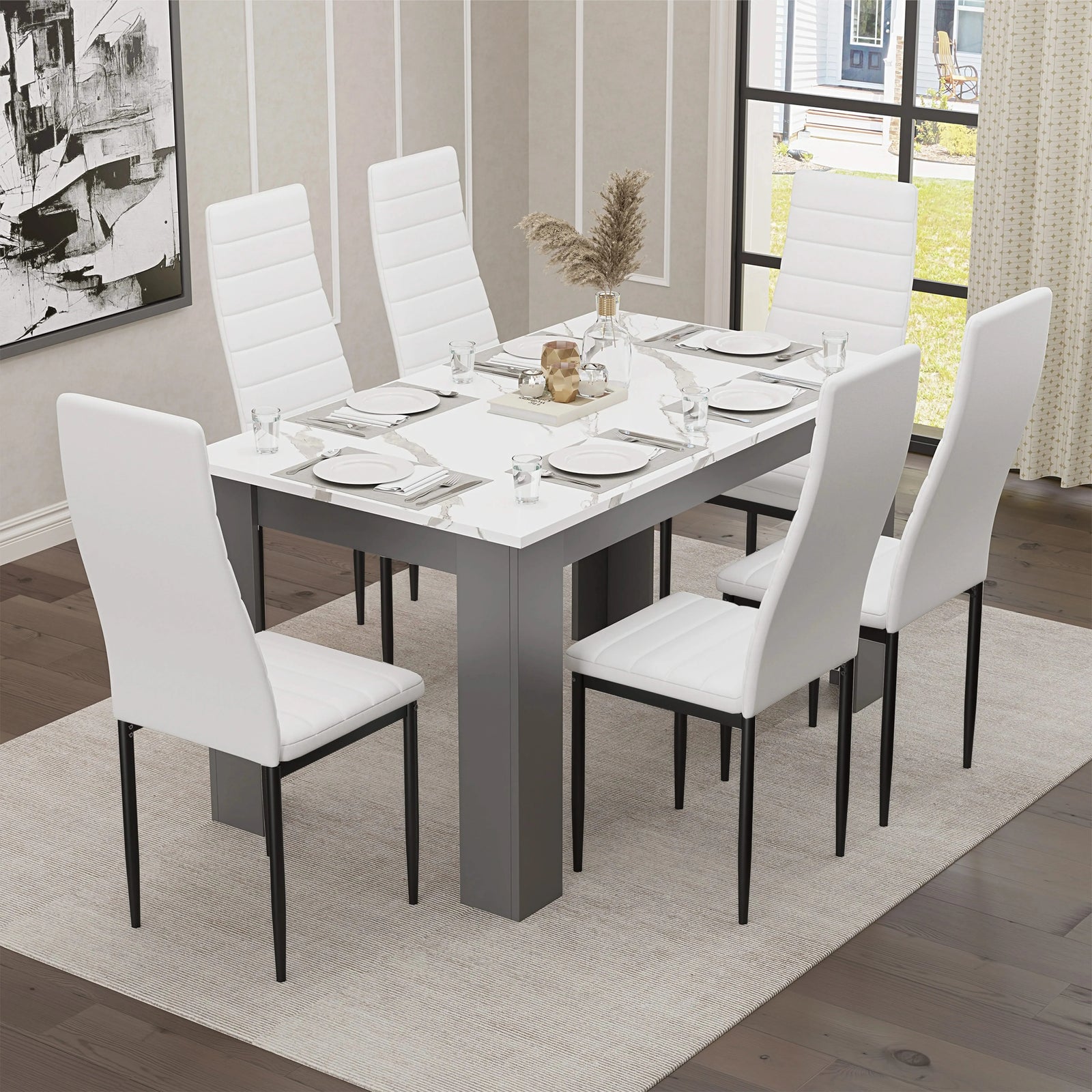 [6 Seater | White] dining table and chairs set for six with marble top, grey legs and white PU seating