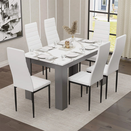 [6 Seater | White] dining table and chairs set for six with marble top, grey legs and white PU seating