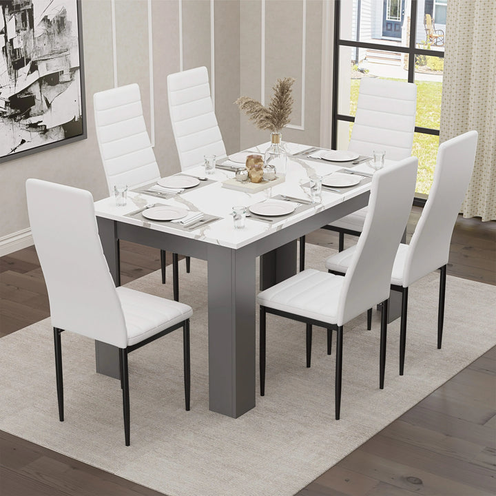 [6 Seater | White] dining table and chairs set for six with marble top, grey legs and white PU seating
