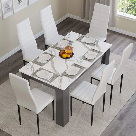 [6 Seater | White] top-down view of 6 seater dining table and chairs set with six white PU chairs