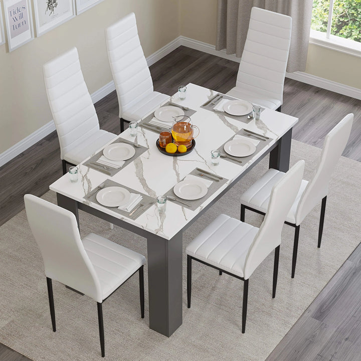 [6 Seater | White] top-down view of 6 seater dining table and chairs set with six white PU chairs