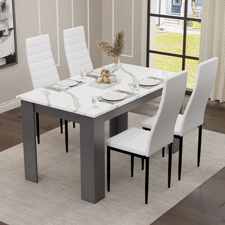 [4 Seater | White] dining table and chairs set, four white PU chairs, marble top, grey L-shaped legs