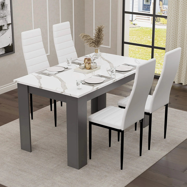 [4 Seater | White] dining table and chairs set, four white PU chairs, marble top, grey L-shaped legs