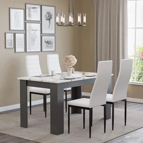 [4 Seater | White] white marble dining table with four white PU chairs under pendant lights, gallery wall