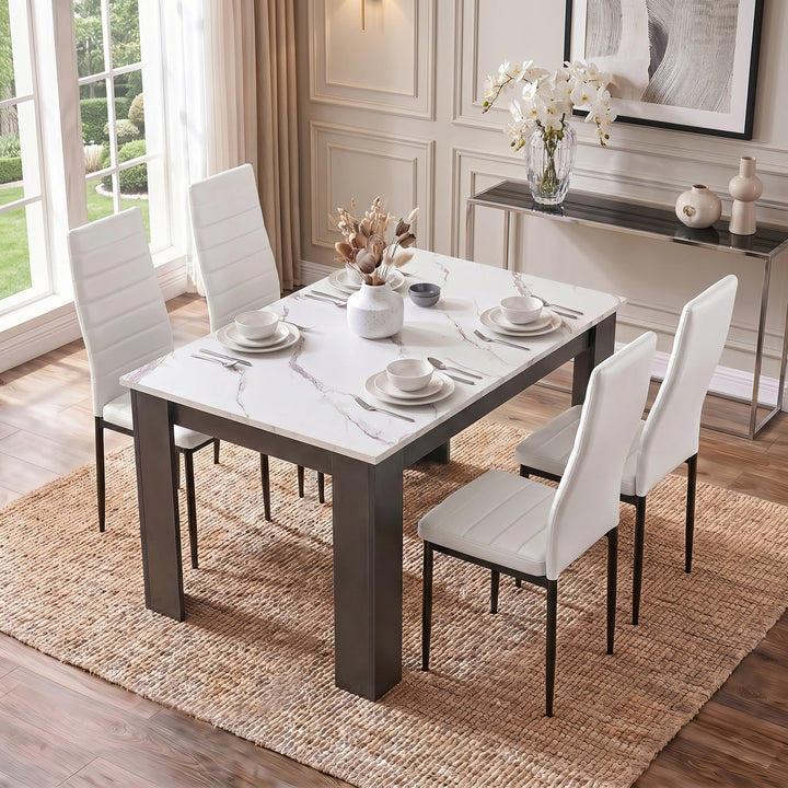 [4 Seater | White] dining table and chairs set, four white PU chairs, marble top, grey L-shaped legs