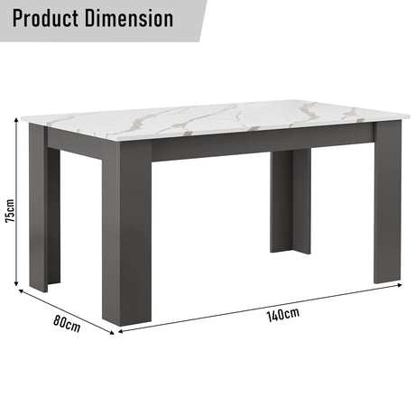 Dimensions of sleek 6 seater dining table in white marble look with grey legs: height 75cm, width 80cm & length 140cm