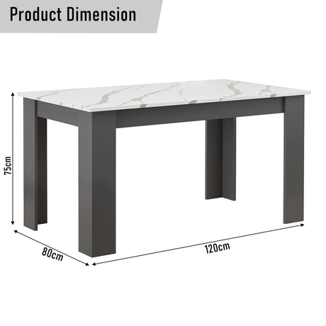 dimensions of white marble rectangular dining table with grey base,: height 75 cm, width 80 cm and length 120 cm
