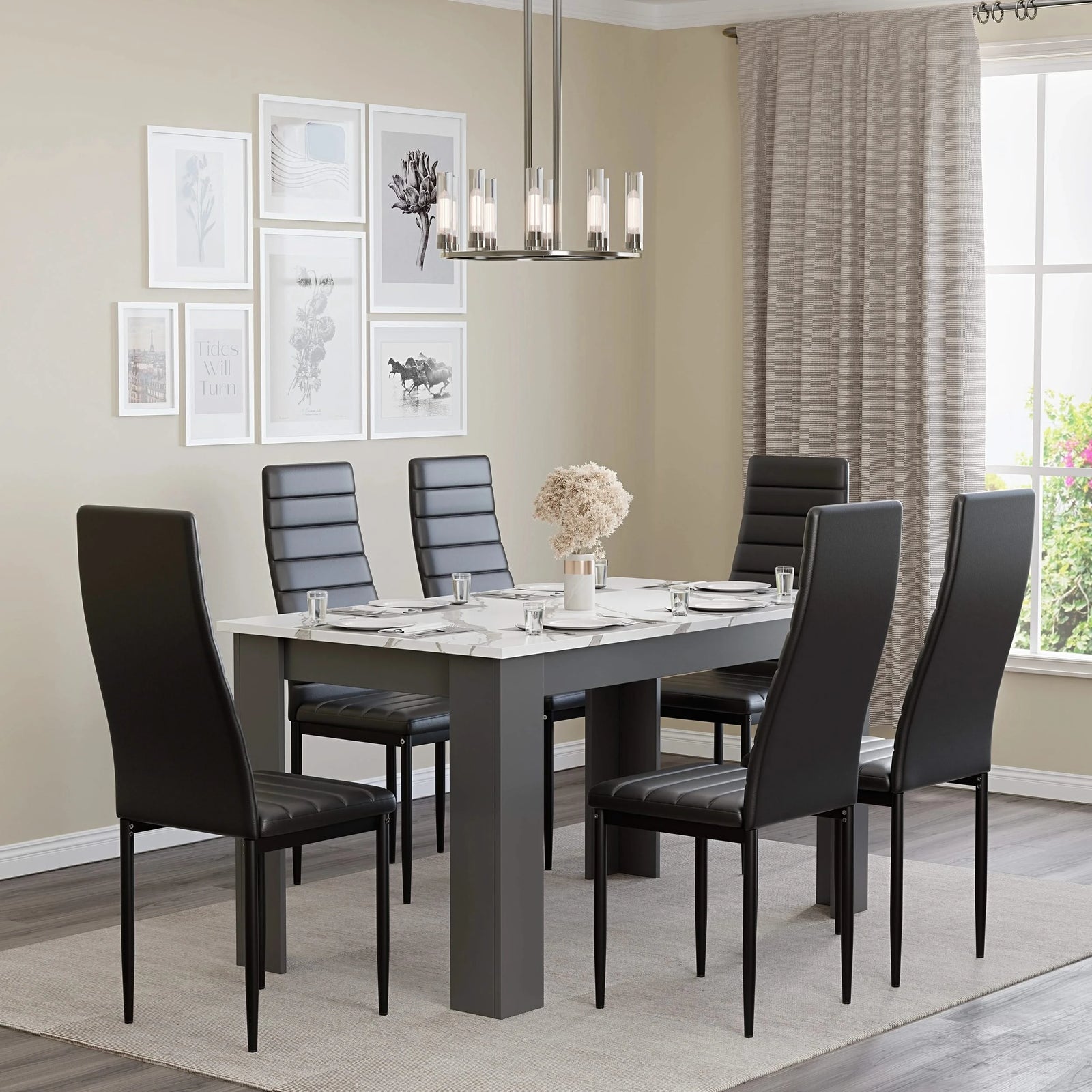 [6 Seater | Black] dining table and chairs set for six, black chairs around marble top, gallery wall behind