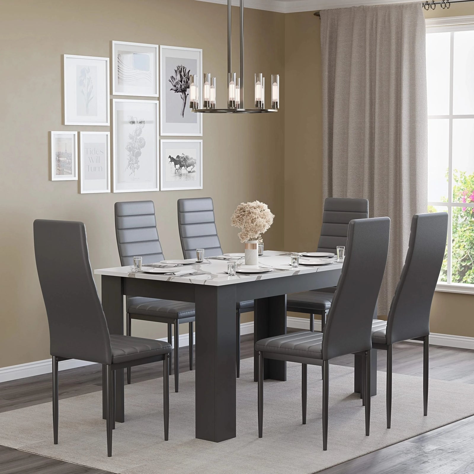 [6 Seater | Grey] large white marble dining table and 6 chairs in grey colour, styled with minimalist tableware