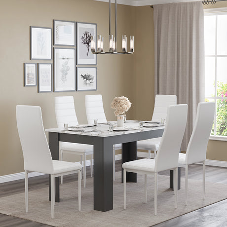 spacious 6 seater dining table and chairs in white marble finish, paired with white PU leather chairs