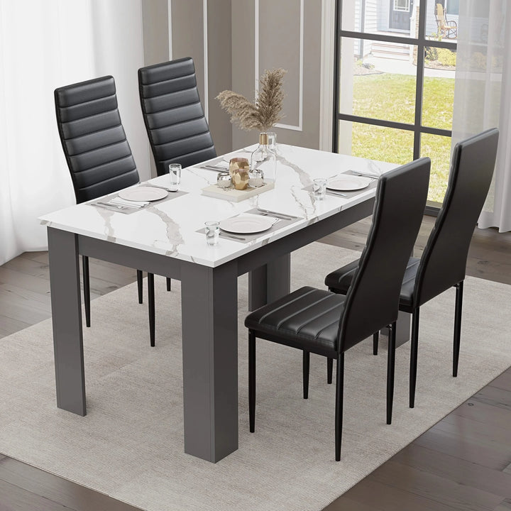 [4 Seater | Black] 4 seater dining table and chairs set with white marble top, grey base and four black PU leather chairs
