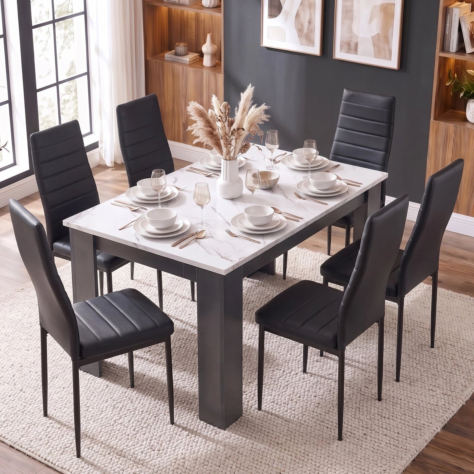 [6 Seater | Black] dining table and chairs set for six with marble top, grey legs and black PU seating