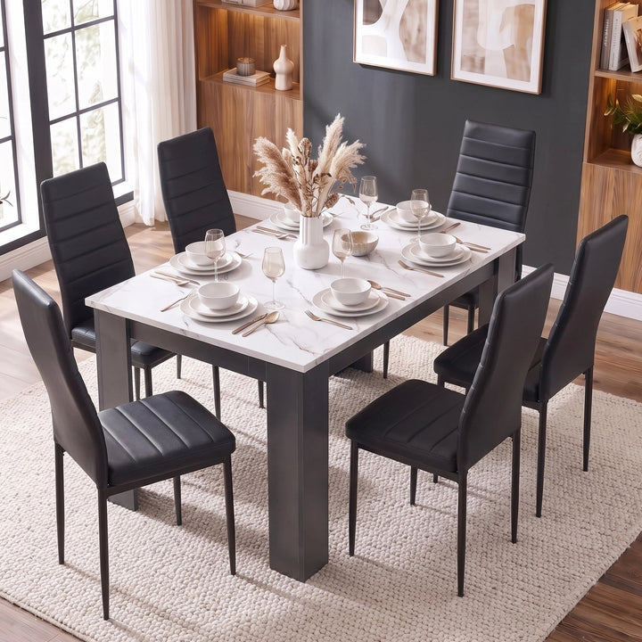 [6 Seater | Black] dining table and chairs set for six with marble top, grey legs and black PU seating