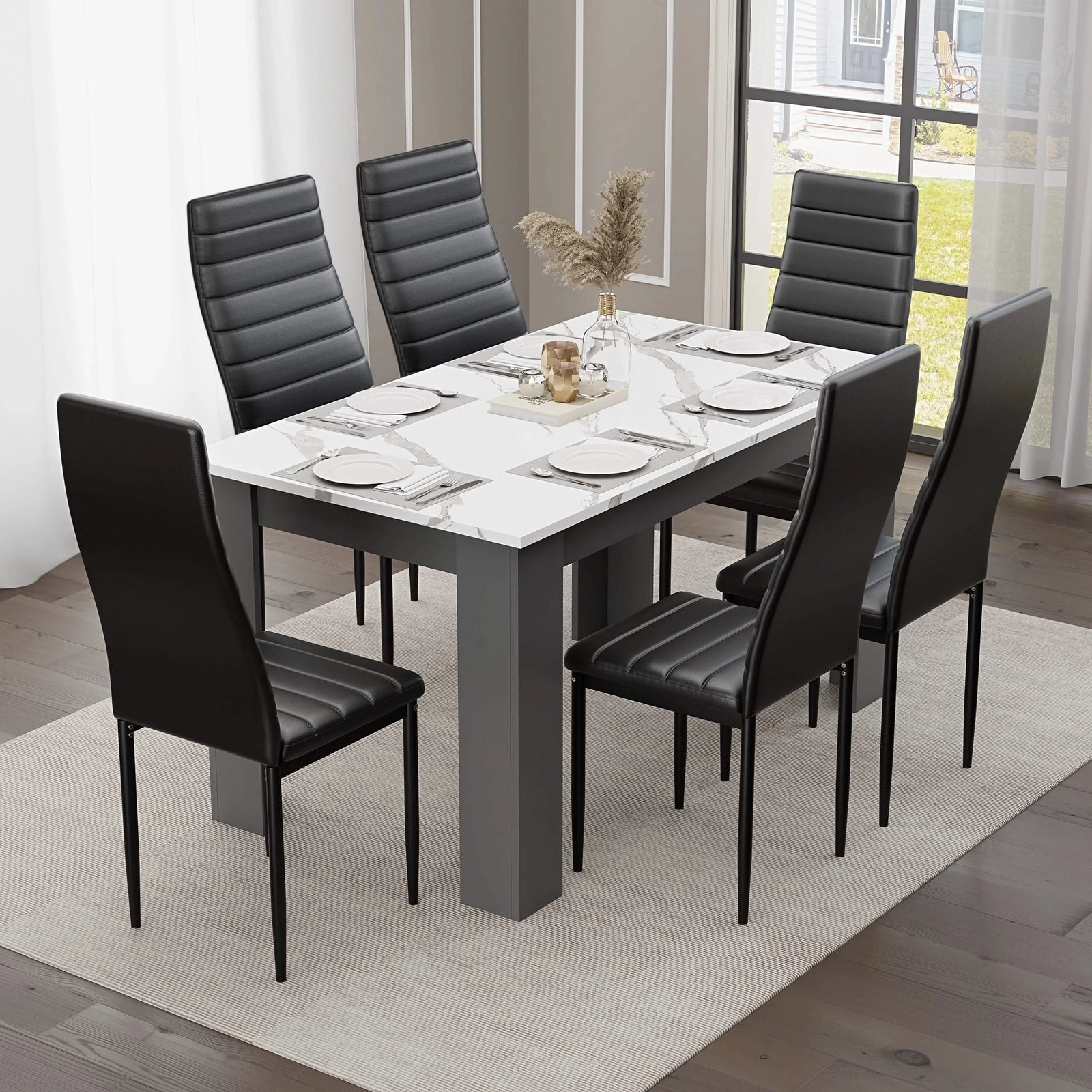 [6 Seater | Black] dining table and chairs set for six with marble top, grey legs and black PU seating