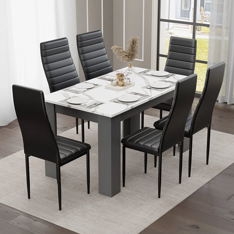 timeless white dining table and chairs set with marble-effect finish and black PU leather chairs