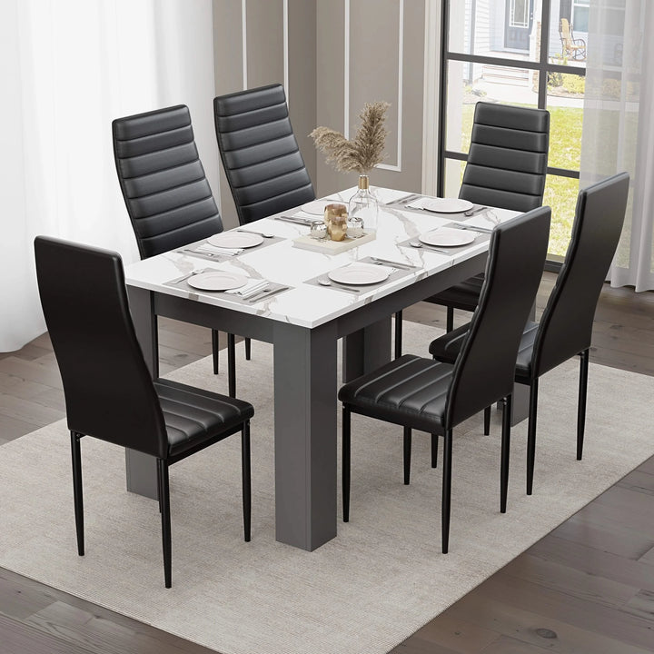 [6 Seater | Black] dining table and chairs set for six with marble top, grey legs and black PU seating