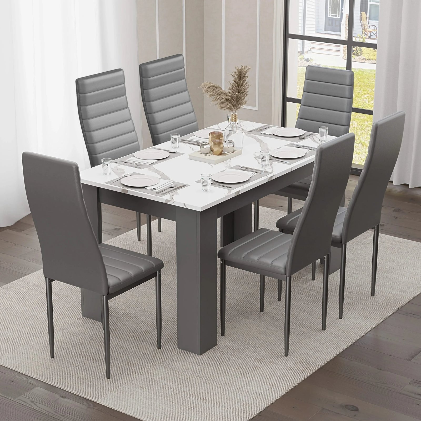 [6 Seater | Grey] 6 seater dining table and chairs set with white marble top and six grey PU chairs