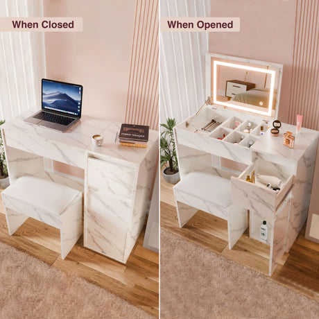 Marble-patterned desk with laptop and books when closed, and makeup station with mirror and lights when opened.