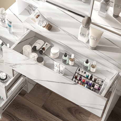 White marble dressing table with shelves, drawers, and mirror for stylish storage and organization.