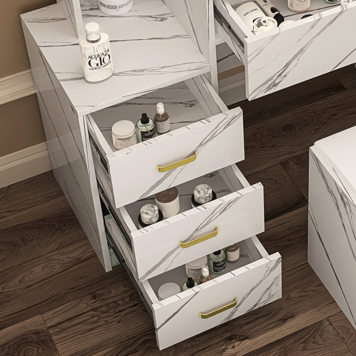 White marble dressing table with multiple drawers, mirror, and built-in lights for a sleek look.