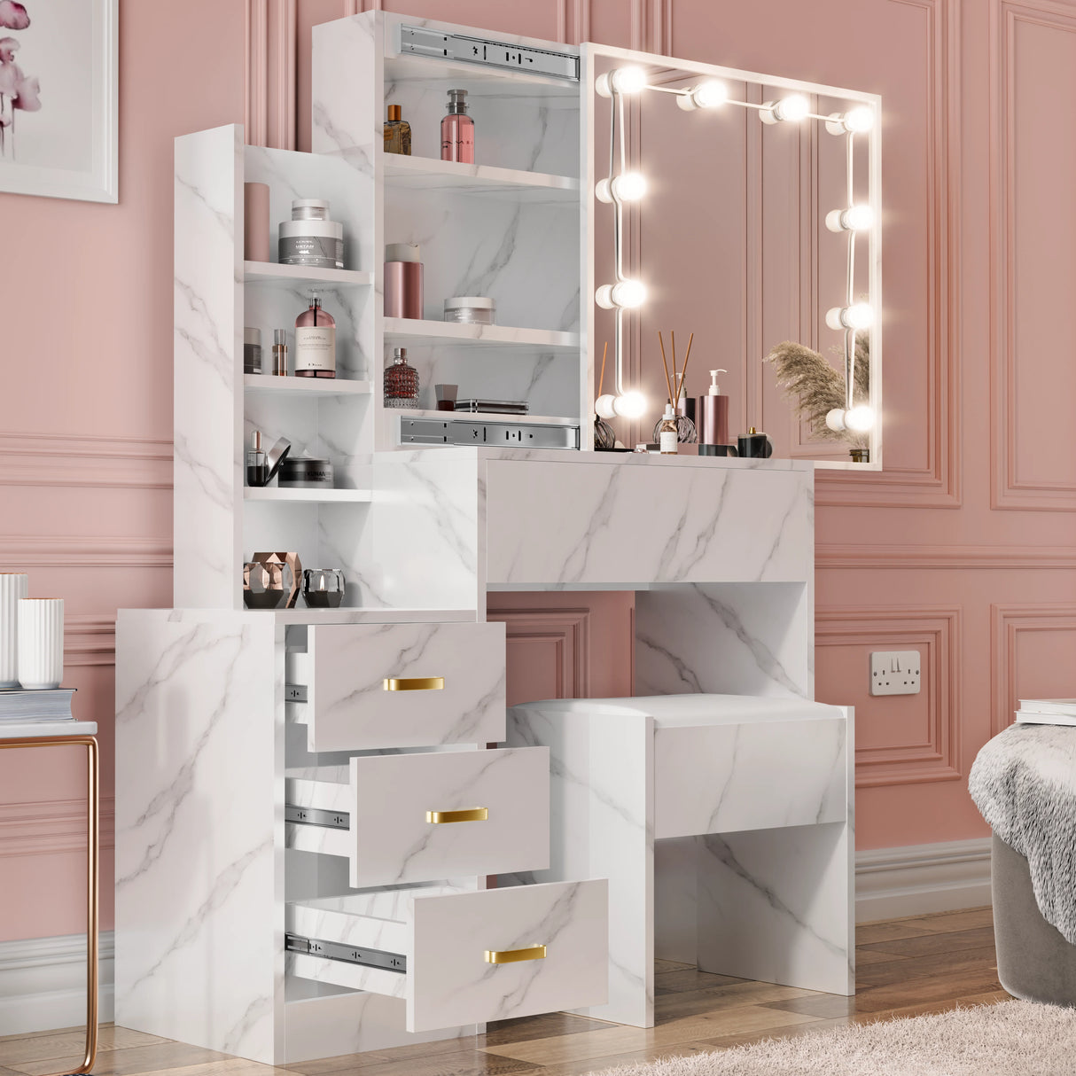 White marble-style vanity with drawers and a mirror with lights in a room with pink walls.
