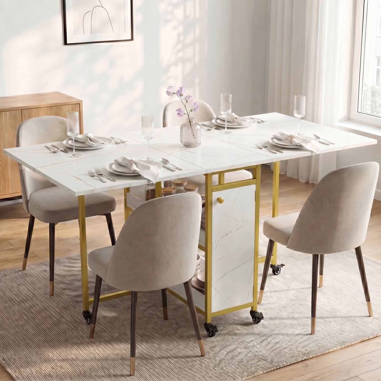[White Marble Effect] Stovra dining scene with white marble top, gold frame, shelf storage, and caster wheels.