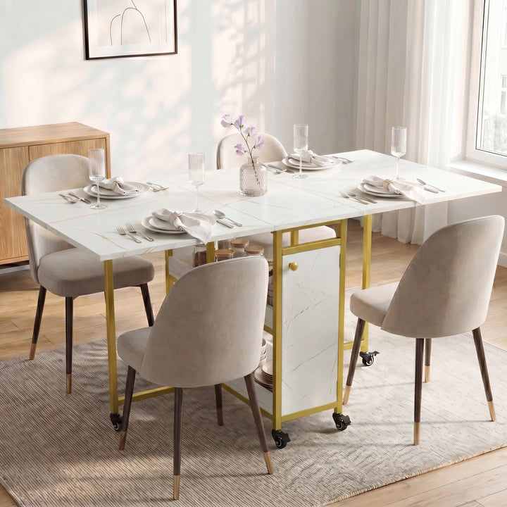[White Marble Effect] Stovra dining scene with white marble top, gold frame, shelf storage, and caster wheels.