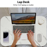 White marble effect table for laptops, featuring cup holder and phone slot, ideal for work.