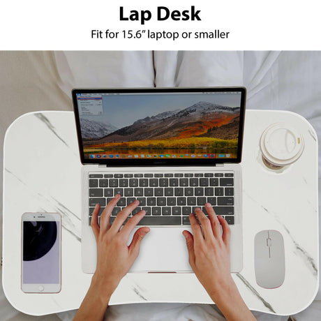 White marble effect table for laptops, featuring cup holder and phone slot, ideal for work.