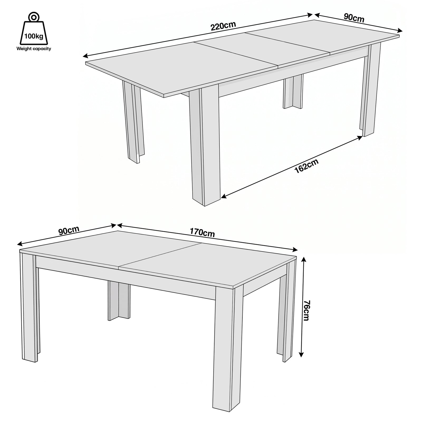 [White Marble] Dimension diagrams show the table at 170 and 220 cm long, 90 cm deep, 76 cm high, and with a capacity of 100 kg.