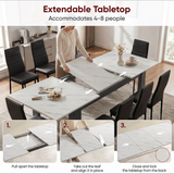 [White Marble] 3 step guide showing Milo table extension 1 tabletop opening, 2 centre leaf placement, and 3 lock-close steps