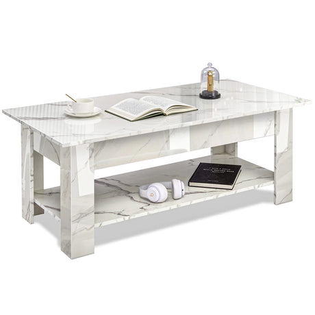 [White Marble] High Gloss Lift Top Coffee Table side angle view with hidden storage, lift-up top and lower shelf